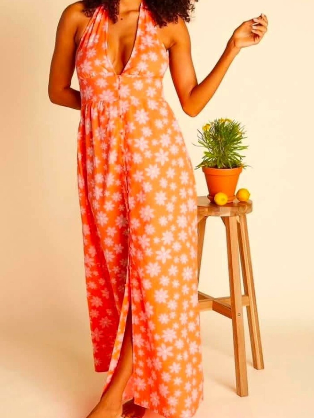 Billabong X Wrangler Hung Up Linen Orange Floral Halter Dress